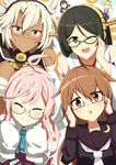  &gt;_&lt; :o ;d ahoge black_hair black_serafuku blush brown_eyes brown_hair budget_sarashi closed_eyes dark_skin double_bun glasses green-framed_eyewear grey_eyes hairband i-8_(kantai_collection) kantai_collection kirishima_(kantai_collection) light_brown_hair long_hair looking_at_viewer makigumo_(kantai_collection) mochizuki_(kantai_collection) multiple_girls musashi_(kantai_collection) one_eye_closed ooyodo_(kantai_collection) open_mouth pink_hair pointy_hair red_eyes sarashi school_uniform serafuku short_hair sleeves_past_fingers sleeves_past_wrists smile tomato_(lsj44867) trait_connection 