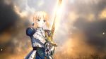  ahoge armor artoria_pendragon_(all) blonde_hair blood blue_eyes breastplate caliburn fate/stay_night fate_(series) gauntlets genya_(genya67) glowing highres saber solo 