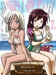  alternate_breast_size alternate_hair_length alternate_hairstyle bag bikini blonde_hair blue_eyes brown_hair compact kantai_collection kisaragi_(kantai_collection) long_hair multiple_girls one-piece_swimsuit purple_eyes ro-500_(kantai_collection) sitting swimsuit tan tanline tatsumi_ray translation_request 