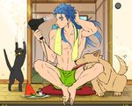  bad_id bad_pixiv_id bare_chest barefoot bird blue_hair cat dog fang fate/stay_night fate_(series) food fruit hair_down hair_dryer lancer long_hair looking_at_another male_focus plate red_eyes scratching shimo_(s_kaminaka) shirtless solo towel towel_around_neck watermelon 