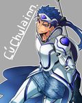  armor bad_id bad_pixiv_id blue_hair cosplay cu_chulainn_(megami_tensei) cu_chulainn_(megami_tensei)_(cosplay) fate/stay_night fate_(series) fusion hat highres lancer male_focus namesake polearm ponytail red_eyes shimo_(s_kaminaka) shin_megami_tensei solo spear weapon 