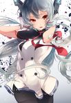  brown_eyes dress fingerless_gloves gloves hair_ribbon hands_in_hair highres kantai_collection long_hair miwano_ragu murakumo_(kantai_collection) necktie open_mouth pantyhose red_neckwear remodel_(kantai_collection) ribbon school_uniform serafuku silver_hair smile solo 