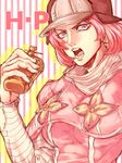  bad_id bad_tumblr_id blue_eyes cream_starter_(stand) flower green_lipstick hat highres hot_pants_(sbr) jojo_no_kimyou_na_bouken lipstick makeup pink_hair rei-oekaki solo stand_(jojo) steel_ball_run striped striped_background 