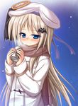  bat_hair_ornament blonde_hair blue_eyes blush breath hair_ornament hat highres kud_wafter little_busters! long_hair looking_at_viewer mizunoe_kotaru noumi_kudryavka scarf solo 