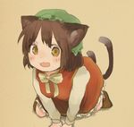  :d all_fours animal_ears brown_background brown_eyes brown_hair cat_ears cat_tail chen citrus_(place) dress fang hands_on_ground long_sleeves looking_at_viewer multiple_tails nekomata open_mouth orange_dress red_dress short_hair simple_background sketch smile solo tail touhou two_tails zun_hat 