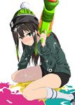  black_hair blush earrings green_eyes hat highres hood hooded_jacket idolmaster idolmaster_cinderella_girls jacket jewelry kneehighs long_hair looking_at_viewer necklace paint shibuya_rin shoes sitting sneakers solo splatoon_(series) splatoon_1 splattershot_(splatoon) suggestive_fluid wariza water_gun weapon white_legwear yoshiki360 