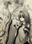  absurdres bare_shoulders bow detached_sleeves hair_ornament hand_on_own_chest highres hoshino_arika kochiya_sanae long_hair monochrome nature sepia sketch snake snake_hair_ornament solo touhou upper_body wide_sleeves 