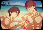  bad_id bad_pixiv_id beach brown_hair cocktail_glass cross cross_necklace cup day drinking_glass emiya_kiritsugu fate/zero fate_(series) jewelry kotomine_kirei multiple_boys necklace olive tropical_drink vacation 
