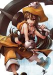  anchor ankle_boots boots breasts brown_eyes brown_hair clothes_around_waist fang fingerless_gloves gloves guilty_gear hat huge_weapon long_hair may_(guilty_gear) midriff open_mouth orange_hat over_shoulder pants pants_rolled_up pirate pirate_hat sailor_collar skull_and_crossbones sleeveless small_breasts solo sowel_(sk3) weapon weapon_over_shoulder 