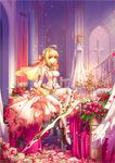  aestus_estus blonde_hair bodysuit breasts cleavage commentary_request fate/extra fate/extra_ccc fate_(series) flower green_eyes kira_(artist) medium_breasts nero_claudius_(bride)_(fate) nero_claudius_(fate)_(all) rose sitting solo stairs sword weapon 