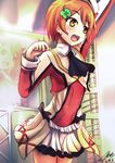  1girl arm_up breasts green_eyes hair_ornament hoshizora_rin idol j.h_j.h love_live!_school_idol_project on_stage open_mouth orange_hair paw_pose short_hair small_breasts smile solo 