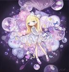  bangs blonde_hair blue_eyes blunt_bangs blush bow bubble candy daisy dandelion dandelion_seed dress earrings flower food frilled_dress frilled_pillow frills full_body gem hair_bow heart heart_pillow holding jelly_bean jewelry lalala222 lolita_fashion long_hair long_legs long_sleeves looking_at_viewer necklace original pillow purple_dress purple_footwear ribbon-trimmed_clothes ribbon_trim shirt shoes signature smile socks solo star unicorn white_bow white_legwear white_shirt 