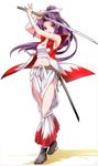  adapted_costume alternate_costume arms_up bandages black_legwear cropped full_body hair_ornament hair_ribbon highres katana long_hair looking_at_viewer meira midriff moneti_(daifuku) navel open_clothes open_mouth open_vest pants pom_pom_(clothes) ponytail purple_hair red_eyes ribbon sandals sarashi scan scan_artifacts shadow simple_background sleeveless solo sword touhou touhou_(pc-98) vest weapon white_background 