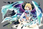  angel_wings anklet bad_id bad_pixiv_id beatmania beatmania_iidx blonde_hair commentary_request darkness earth hand_on_own_knee head_tilt highres holding jacket jewelry looking_at_viewer male_focus mars_symbol multiple_wings navel one_eye_closed open_clothes open_jacket otoko_no_ko rche_(beatmania) red_eyes ribbon sakata_kaname shoes short_hair short_shorts shorts sitting smile solo sparkle tattoo thighhighs white_legwear wings 