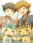  abbreviated_karakusa black_eyes black_hair brothers brown_hair cyaneko dual_persona furoshiki gradient gradient_background holding_hands jewelry komajirou komasan leaf leaf_on_head male_focus multiple_boys necklace open_mouth personification siblings triangle_mouth youkai youkai_watch 