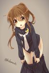  :o black_serafuku brown_eyes brown_hair crescent fumizuki_(kantai_collection) grey_background kantai_collection kida_mochi necktie pleated_skirt ponytail school_uniform serafuku skirt solo twitter_username undressing white_neckwear 