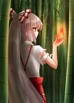  bamboo bamboo_forest burning_hand expressionless fire forest from_behind fujiwara_no_mokou hand_up koto_(shiberia39) long_hair nature ponytail red_eyes solo suspenders torn_clothes torn_sleeves touhou very_long_hair white_hair 