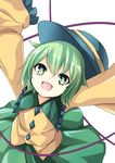  arai_togami arms_up commentary_request green_eyes green_hair hat hat_ribbon highres komeiji_koishi open_mouth ribbon short_hair skirt smile solo touhou 
