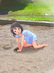  :d all_fours anyannko barefoot black_hair blue_dress blush brown_eyes child dirty dirty_face dress grass ground hair_ornament hairclip highres looking_at_viewer open_mouth original outdoors photo_background short_hair short_sleeves smile solo 