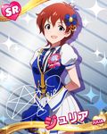  arms_behind_back blue_eyes bow card_(medium) character_name hair_bow idolmaster idolmaster_million_live! julia_(idolmaster) looking_at_viewer official_art red_hair sequins short_hair solo 