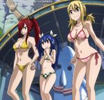  3girls bikini blonde_hair blue_hair breasts brown_eyes child cleavage creator_connection erza_scarlet fairy_tail female griff highres large_breasts long_hair lucy_heartfilia multiple_girls outdoors ponytail rave red_hair screencap solo stitched swimsuit tattoo underboob wendy_marvell 