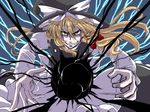  blonde_hair bow brown_eyes commentary_request dark_spark grin hat hat_bow kirisame_marisa kuon_yashiro smile solo sparks spell_card touhou white_bow witch_hat 