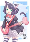  animal_ears bell blush bonnet bow cat_ears cat_tail cyan_(show_by_rock!!) drill_hair green_eyes guitar instrument juliet_sleeves kokotetsu long_sleeves open_mouth puffy_sleeves purple_hair shirt show_by_rock!! skirt smile solo strawberry_heart striped striped_legwear tail thighhighs zettai_ryouiki 