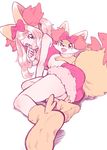  1girl ass blonde_hair blue_eyes blush boots bow crop_top embarrassed fennekin fennekin_(cosplay) fur long_hair midriff miniskirt navel nervous nintendo pokemon pokemon_(anime) pokemon_xy serena_(pokemon) shirt simple_background skirt small_breasts tail 