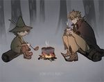  bad_id bad_pixiv_id blonde_hair campfire cape cooking crossover cup dio_brando fire hat jojo_no_kimyou_na_bouken kinouka koyasu_takehito ladle log moomin multiple_boys pot seiyuu_connection sitting snufkin translation_request 