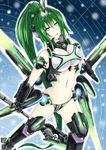  :o absurdres armor bangs bare_shoulders blue_eyes breastplate breasts crop_top double_vertical_stripe faulds gauntlets greaves green_hair green_heart grid groin headgear high_ponytail highres holding holding_weapon honke_ganso large_breasts legs_apart long_hair lowleg magical_girl navel neon_trim neptune_(series) next_green open_mouth outline pauldrons polearm power_symbol shin_jigen_game_neptune_vii solo spear symbol-shaped_pupils turtleneck very_long_hair weapon 