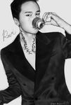  1boy abstract_background body_writing character_name cup drink drinking earrings jewelry k-pop looking_at_viewer male_focus monochrome musician ravi realistic ring simple_background smoking_jacket solo vixx white_background 