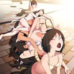  all_fours animal_ears bikini breasts brown_hair cat_ears cat_tail closed_eyes covered_nipples dark_skin fangs highres long_hair looking_at_viewer lying mebae multiple_girls open_mouth original parking_lot shadow short_hair sleeping small_breasts swimsuit tail yawning yuri 