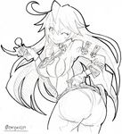  ;) ahoge ass breasts candy center_opening cleavage commentary_request enpe food guilty_gear guilty_gear_xrd hand_on_hip huge_ahoge jack-o'_valentine large_breasts lollipop long_hair looking_at_viewer one_eye_closed smile solo 