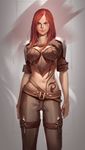  belt breasts katarina_du_couteau league_of_legends lips long_hair medium_breasts midriff navel red_hair since smile solo tattoo 