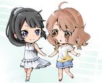  ahoge black_hair blue_eyes brown_eyes brown_hair chibi commentary dress eighth_note hibike!_euphonium holding_hands kousaka_reina multiple_girls musical_note oumae_kumiko ponytail quarter_note smile staff_(music) wavy_hair white_dress yuno_(sorairo37) yuri 