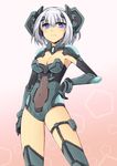  armor armpits bangs blue_eyes blush bracer breasts cleavage covered_navel cowboy_shot cross_(crossryou) date_a_live faulds frown garter_straps gloves gradient gradient_background hair_between_eyes hand_on_hip headgear leotard looking_at_viewer medium_breasts pauldrons pink_background see-through short_hair silver_hair solo thigh_strap thighhighs tobiichi_origami turtleneck 