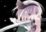  bad_id bad_pixiv_id black_background blue_eyes capriccio covering_mouth hair_ribbon konpaku_youmu light_particles looking_at_viewer ribbon signature sketch solo sword touhou twitter_username upper_body weapon white_hair 