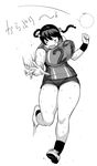  1girl bouncing_breasts braid breasts curvy gym_uniform hair_bobbles hair_ornament huge_breasts long_hair monochrome open_mouth original shoes shorts simple_background sneakers standing sweat synecdoche thick_thighs thighs twin_braids white_background 