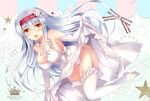 alternate_costume artist_name bare_shoulders breasts dress dress_lift elbow_gloves flower garter_straps gloves hair_flower hair_ornament headband ichiyou_moka kantai_collection large_breasts long_hair looking_at_viewer no_shoes open_mouth panties pink_panties shoukaku_(kantai_collection) solo thighhighs underwear white_dress white_gloves white_hair white_legwear 