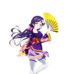  bow fan flower folding_fan green_eyes hair_bow hair_flower hair_ornament holding holding_fan japanese_clothes kimono long_hair looking_at_viewer looking_back love_live! love_live!_school_idol_festival love_live!_school_idol_project non-web_source obi official_art pink_bow purple_hair purple_ribbon red_bow ribbon sash short_kimono side_slit solo thighhighs toujou_nozomi transparent_background white_legwear wide_sleeves 