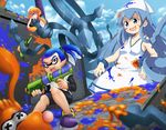  2girls :d arm_warmers bike_shorts blue_eyes blue_hair crossover domino_mask draw-till-death dress dress_shirt giantess hat head_bump ikamusume ink_tank_(splatoon) inkling mask monster_boy monster_girl multiple_girls open_mouth orange_hair paint_splatter pointy_ears ponytail shinryaku!_ikamusume shirt size_difference smile splatoon_(series) splatoon_1 squid squid_hat super_soaker tentacle_hair tentacles water_gun white_dress white_shirt wrapped_up wristband x_x 