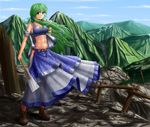  abs adapted_costume alternate_costume bare_shoulders belt boots covered_nipples crop_top full_body gohei green_eyes green_hair hair_ornament hair_tubes hater_(hatater) highres hip_vent japanese_clothes kochiya_sanae landscape long_hair long_skirt looking_at_viewer midriff miko mountain nature navel non-web_source nontraditional_miko off_shoulder open_clothes open_vest skirt sleeveless smile snake_hair_ornament solo tank_top toned touhou vest 