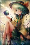  commentary_request eyeball floral_print green_eyes green_hair hat hat_ribbon heart heart_of_string highres komeiji_koishi long_sleeves looking_at_viewer maho_moco mary_janes revision ribbon shirt shoes short_hair skirt smile socks solo string tears third_eye touhou white_legwear wide_sleeves 
