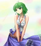  alternate_hairstyle bare_shoulders belt breasts cleavage frills frog_hair_ornament green_eyes green_hair hair_ornament hater_(hatater) head_tilt highres kochiya_sanae looking_at_viewer medium_breasts midriff navel non-web_source shirt short_hair skirt sleeveless smile snake solo touhou upskirt 