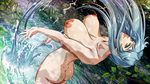  arched_back ass blue_hair bouncing_breasts breasts character_request collarbone dimples_of_venus dutch_angle eyelashes eyeshadow from_behind green_eyes highres iconic_field large_breasts leaning_back lips long_hair looking_at_viewer makeup nature nipples nolia nude outdoors solo splashing standing very_long_hair wading wallpaper water water_drop wet wet_hair 
