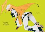  8055 ass black_gloves blonde_hair character_name commentary_request copyright_name gloves gradient_hair green_background guilty_gear guilty_gear_xrd halo high_heels jack-o'_valentine long_hair multicolored_hair protected_link red_eyes solo 