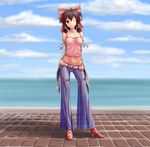  alternate_costume bare_shoulders belt blue_sky blurry bow brown_hair cloud contemporary crop_top day detached_sleeves full_body grin hair_bow hair_ornament hair_ribbon hair_tubes hakurei_reimu hater_(hatater) high_heels highres long_sleeves looking_at_viewer midriff non-web_source one_eye_closed pants ribbon see-through short_hair sky smile solo standing touhou water wide_sleeves 