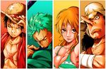  3boys black_hair earrings gradient gradient_background green_hair hat jewelry long_hair monkey_d_luffy multiple_boys nami nami_(one_piece) one-eyed one_piece orange_hair roronoa_zoro scar usopp 