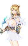  bare_shoulders blonde_hair blue_eyes braid breasts earrings hand_on_hip highres jewelry kamitsuki_manmaru large_breasts long_hair looking_at_viewer naughty_face shield sideboob simple_background skirt smile solo sophitia_alexandra soulcalibur sword weapon white_background 
