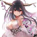  antenna_hair bare_shoulders black_hair breasts cleavage danua draph dress granblue_fantasy hair_between_eyes horn_ornament horns jewelry large_breasts long_hair looking_at_viewer necklace pointy_ears red_eyes simple_background sketch solo uro_(uro_zi) white_background 